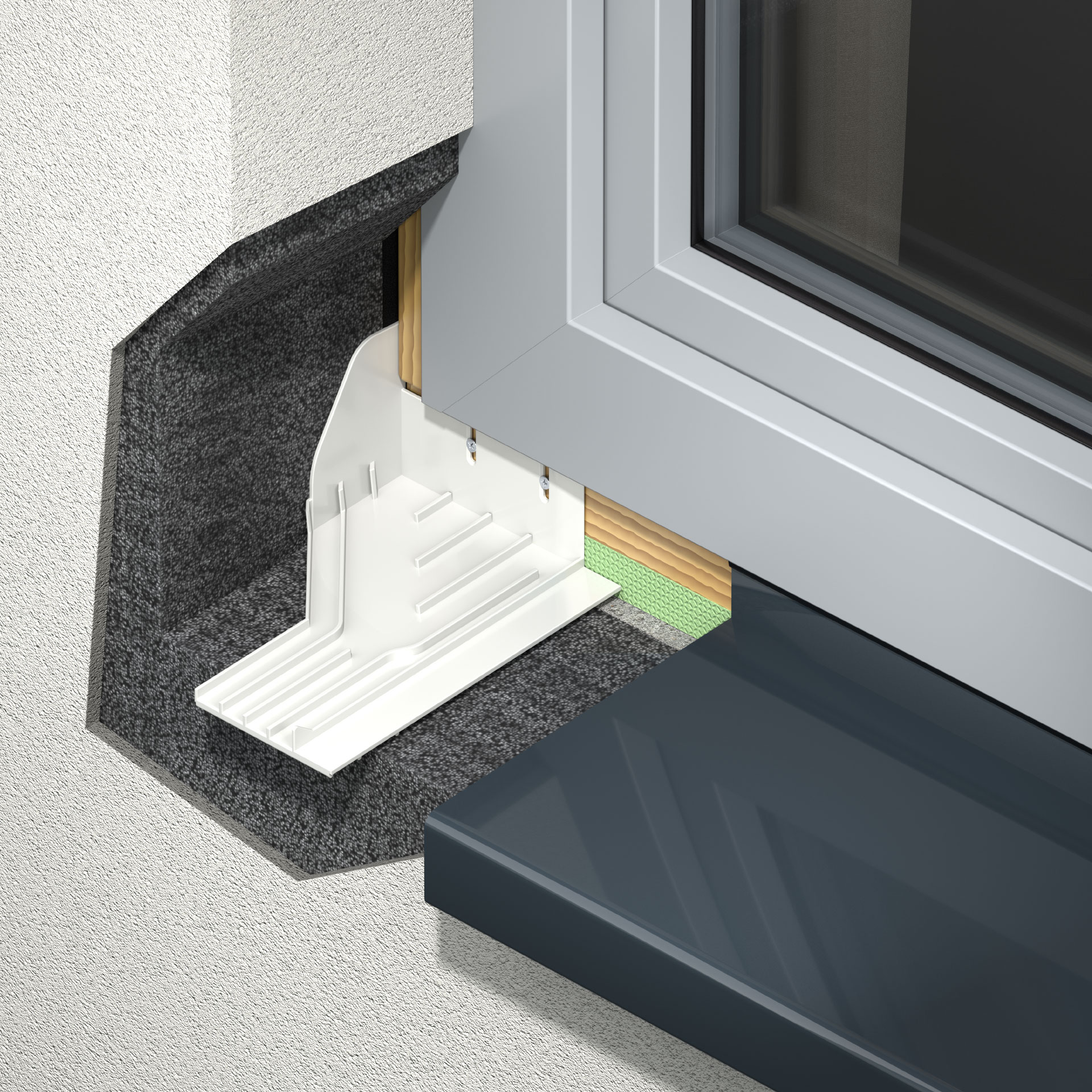 [Translate to EN_GB:] Connections to windows & rolling shutters for plaster & ETIC – water that gets into the structure via the structural connection (window, rolling shutter guide rail, window sill) is drained to the outside using a controlled system.